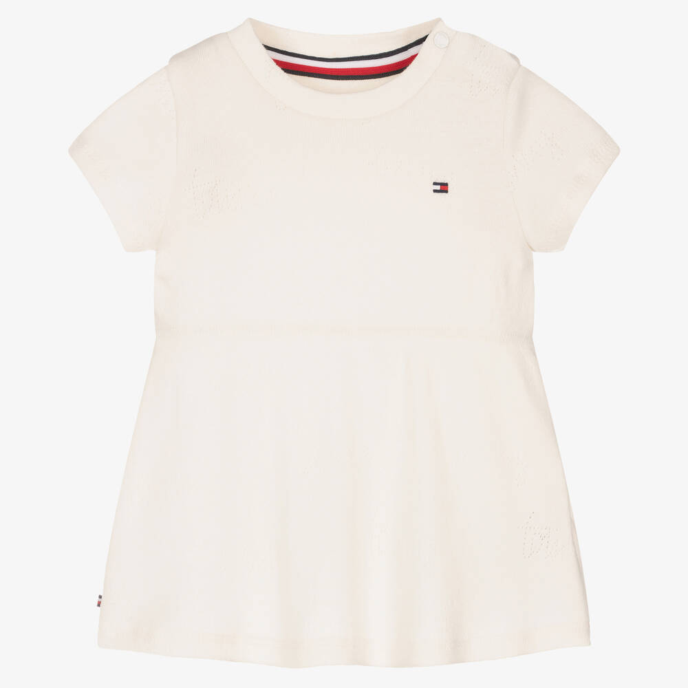 Tommy Hilfiger-Baby Girls Ivory Cotton Logo Dress | Childrensalon Outlet