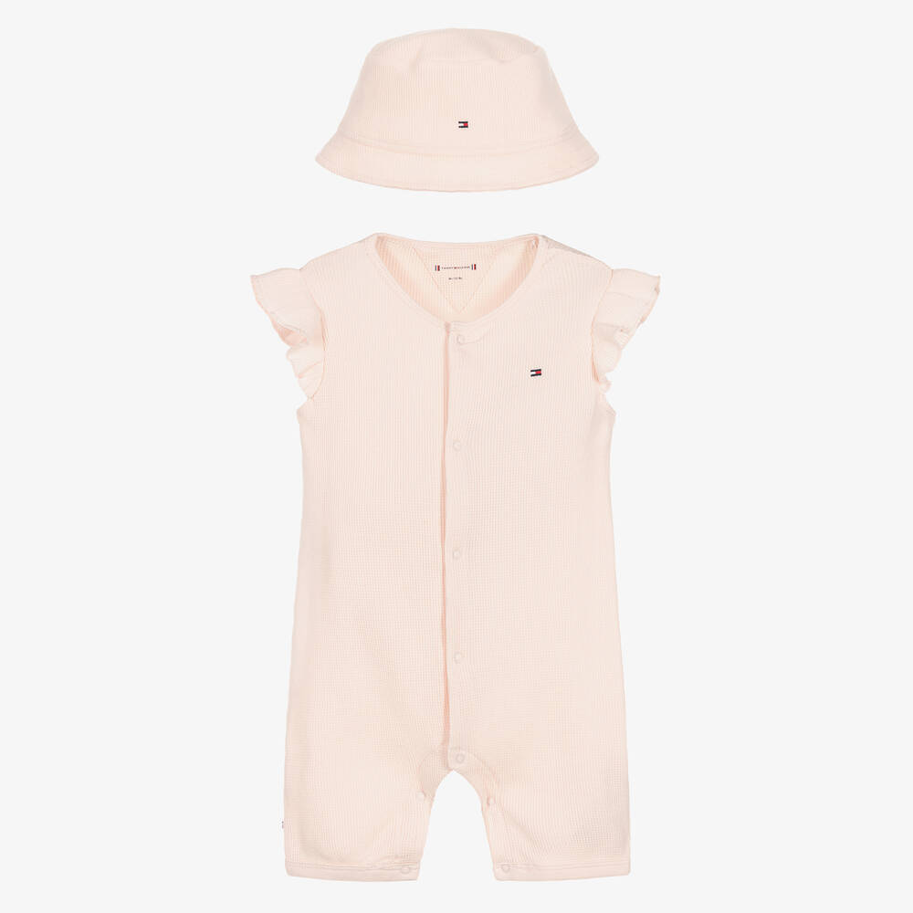 Tommy Hilfiger - Baby Girls Pink Cotton Romper & Hat Set | Childrensalon