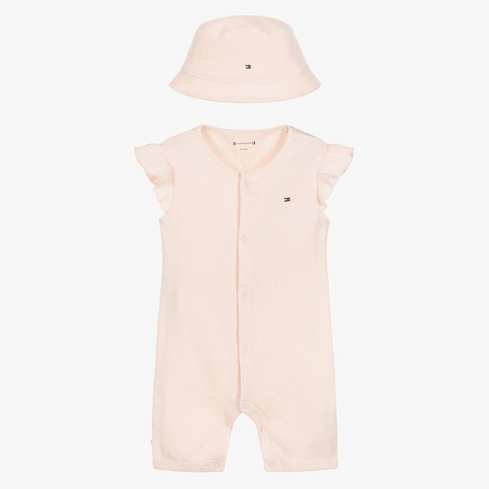 Tommy Hilfiger - Rosa Baumwollstrampler & Hut Set | Childrensalon