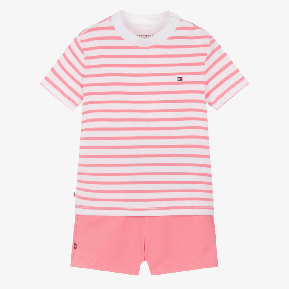 Tommy Hilfiger-Baby Girls Pink Stripe Cotton Jersey Shorts Set | Childrensalon Outlet