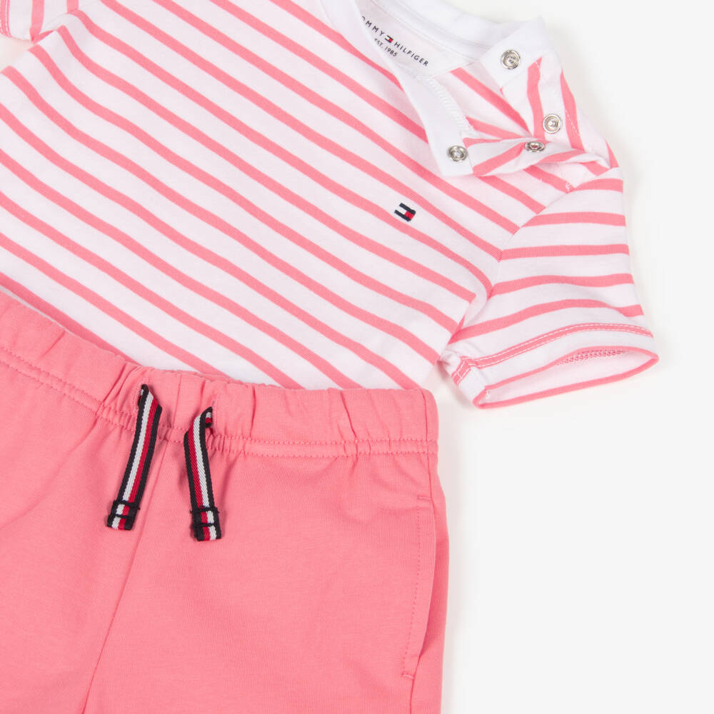 Tommy Hilfiger-Baby Girls Pink Stripe Cotton Jersey Shorts Set | Childrensalon Outlet