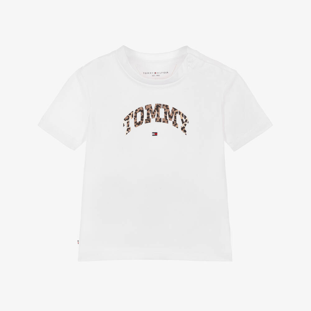 Tommy Hilfiger-Baby Girls White Cotton T-Shirt with Leopard Logo Print | Childrensalon Outlet