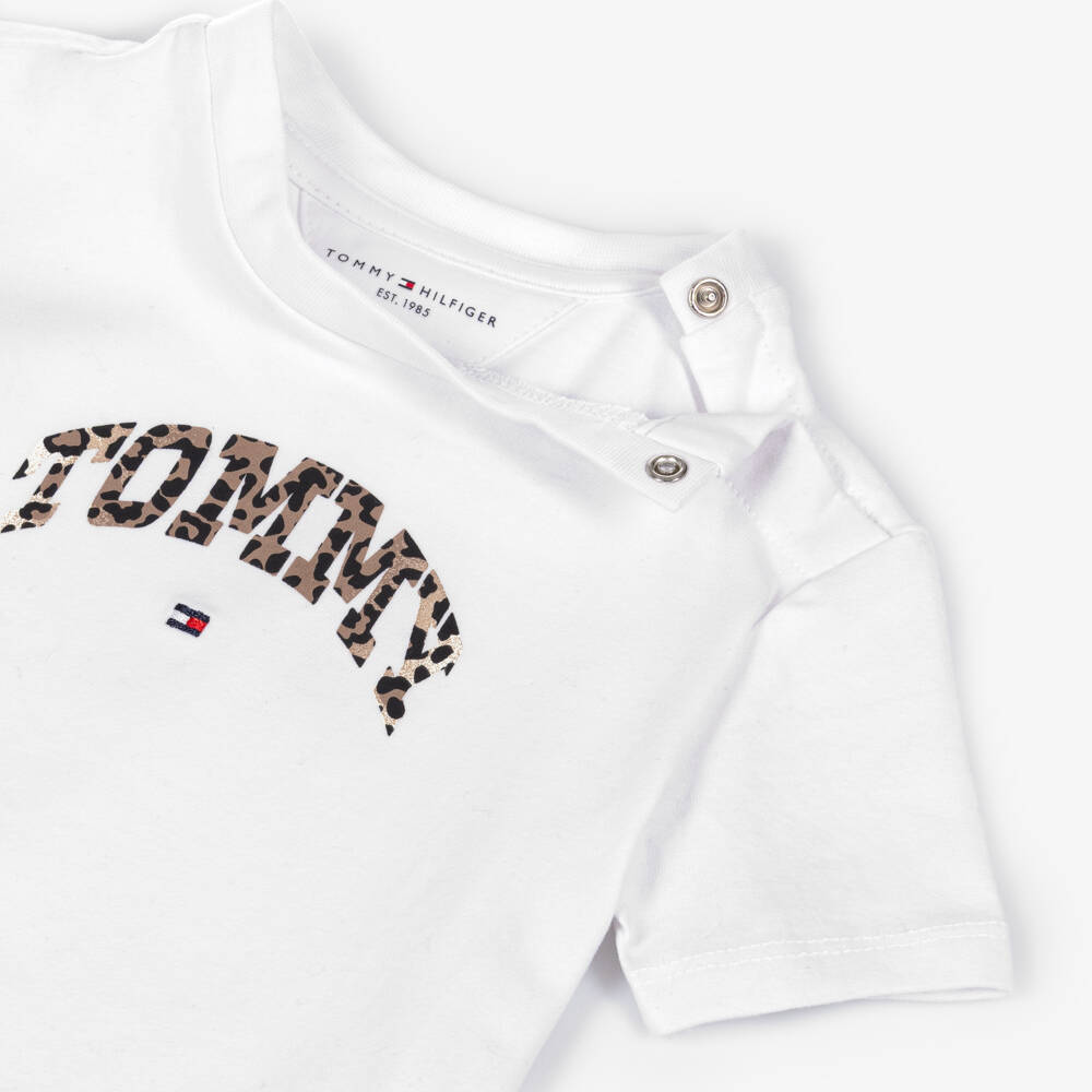 Tommy Hilfiger-Baby Girls White Cotton T-Shirt with Leopard Logo Print | Childrensalon Outlet