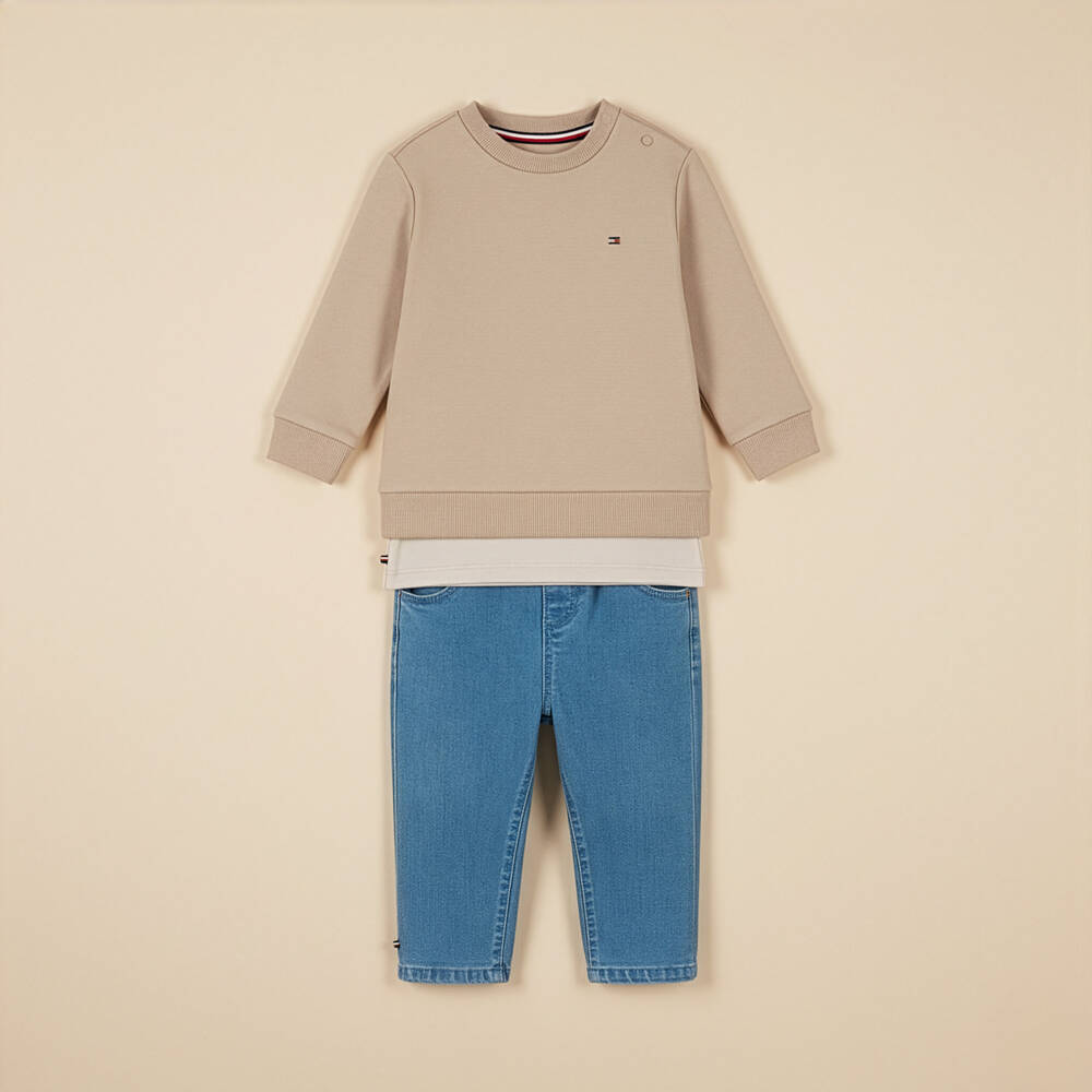 Tommy Hilfiger-Beige Cotton Baby Sweatshirt with Small Flag Logo | Childrensalon Outlet