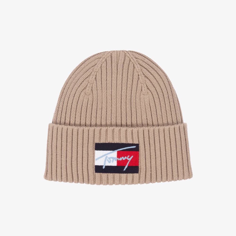 Tommy Hilfiger-Beige Knitted Organic Cotton Flag Logo Beanie | Childrensalon Outlet