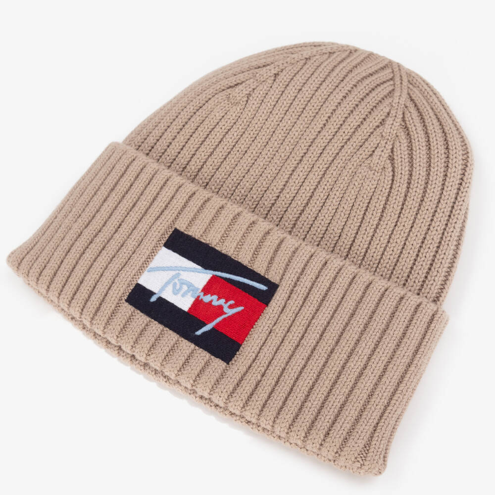 Tommy Hilfiger-Beige Knitted Organic Cotton Flag Logo Beanie | Childrensalon Outlet