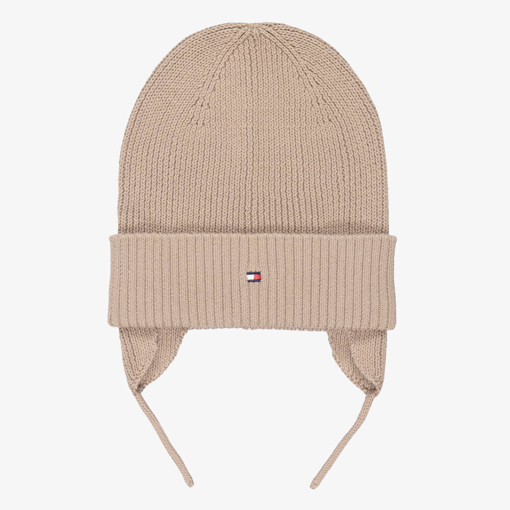 Tommy Hilfiger-Beige Knitted Organic Cotton Hat with Ear Flaps | Childrensalon Outlet