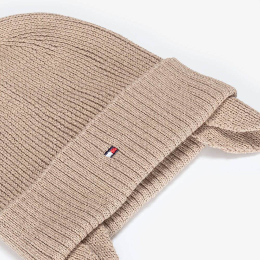 Tommy Hilfiger-Beige Knitted Organic Cotton Hat with Ear Flaps | Childrensalon Outlet