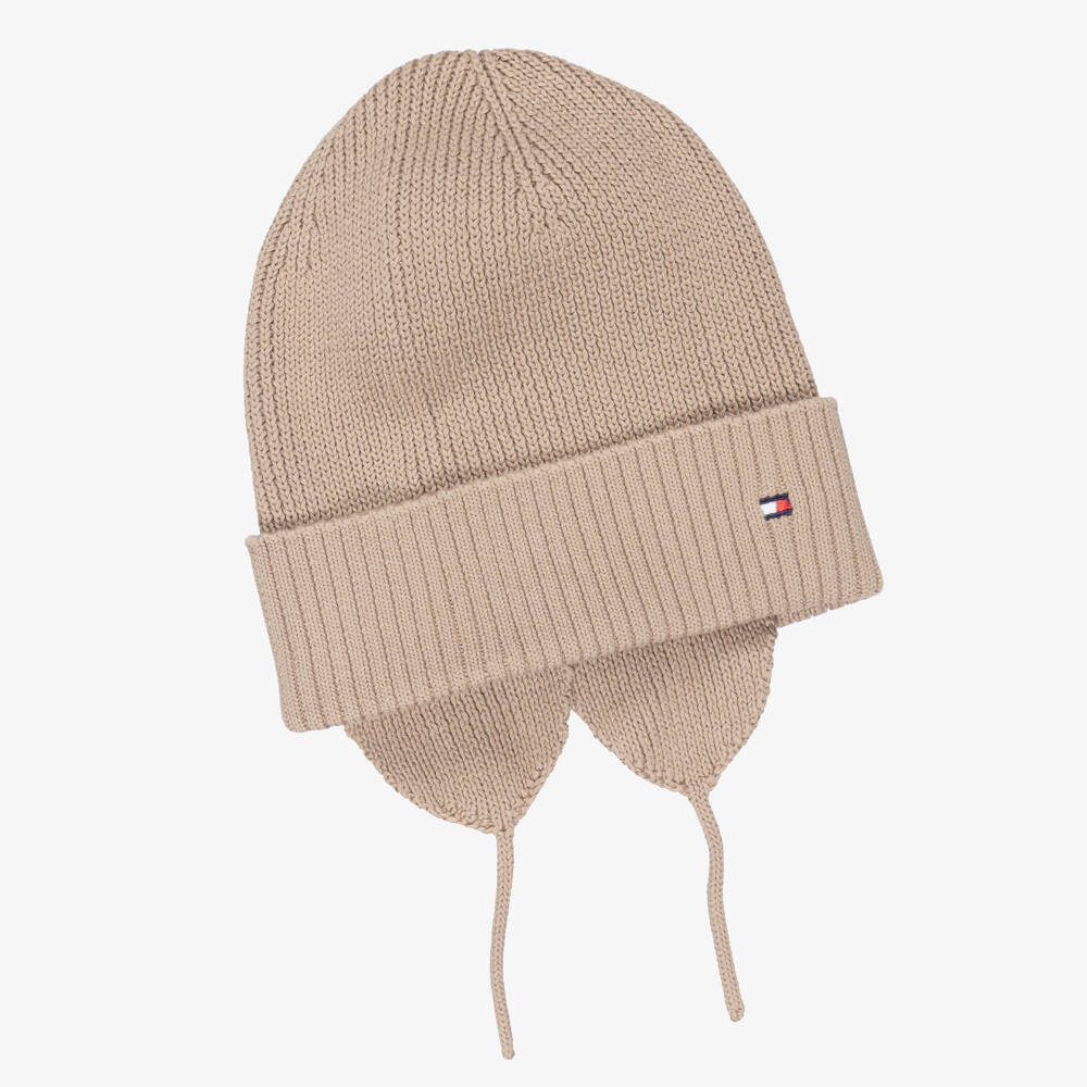 Tommy Hilfiger-Beige Knitted Organic Cotton Hat with Ear Flaps | Childrensalon Outlet