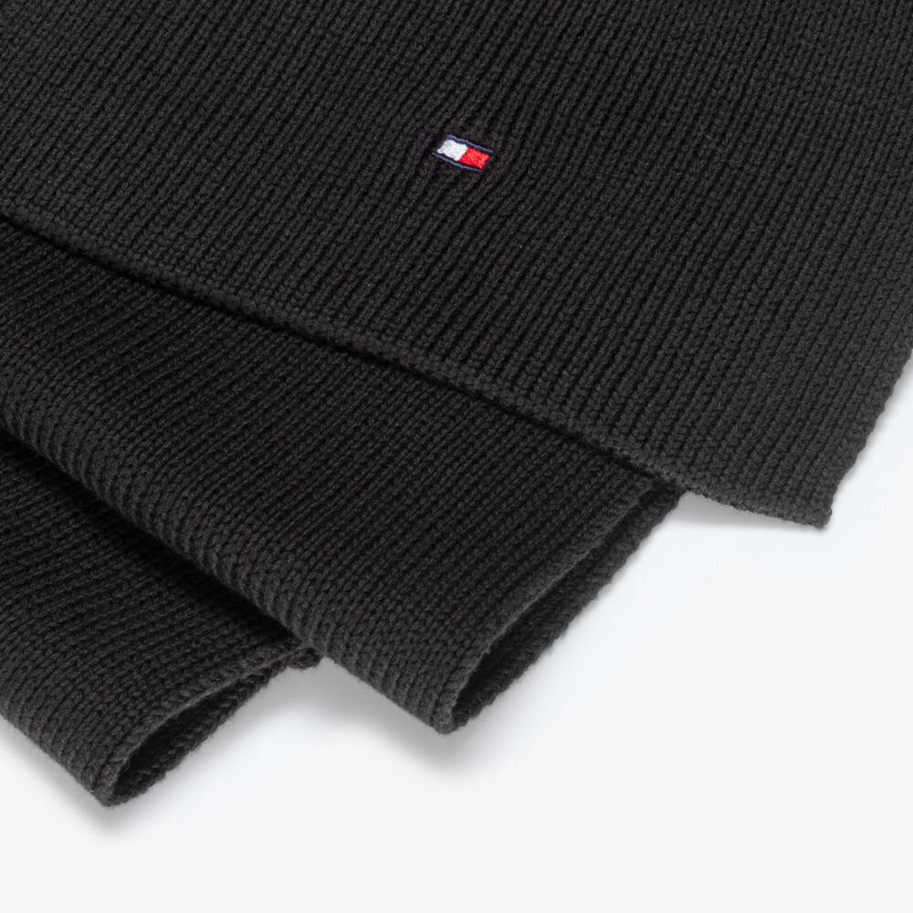 Tommy Hilfiger-Black Cotton Knit Scarf with Embroidered Flag Logo (150cm) | Childrensalon Outlet
