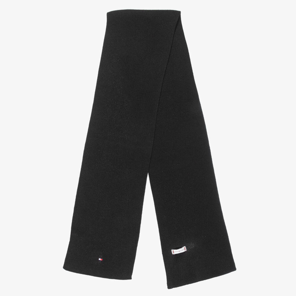 Tommy Hilfiger-Black Cotton Knit Scarf with Embroidered Flag Logo (150cm) | Childrensalon Outlet