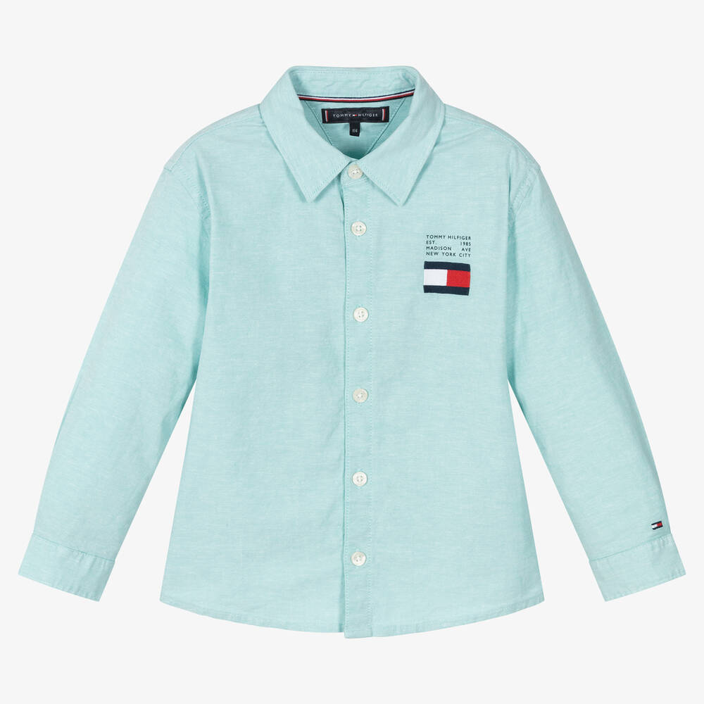 Tommy Hilfiger - قميص قطن بوبلين لون أزرق أكوا للأولاد | Childrensalon