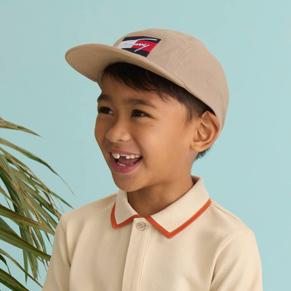 Tommy Hilfiger-Boys Beige Cotton Cap with Big Flag Script Logo | Childrensalon Outlet