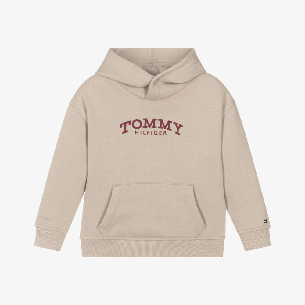 Tommy Hilfiger-Boys Beige Cotton Hoodie with Arched Logo | Childrensalon Outlet