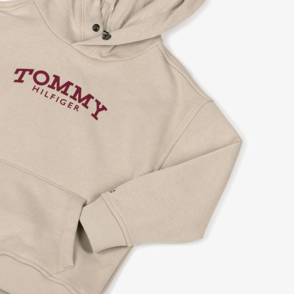 Tommy Hilfiger-Boys Beige Cotton Hoodie with Arched Logo | Childrensalon Outlet