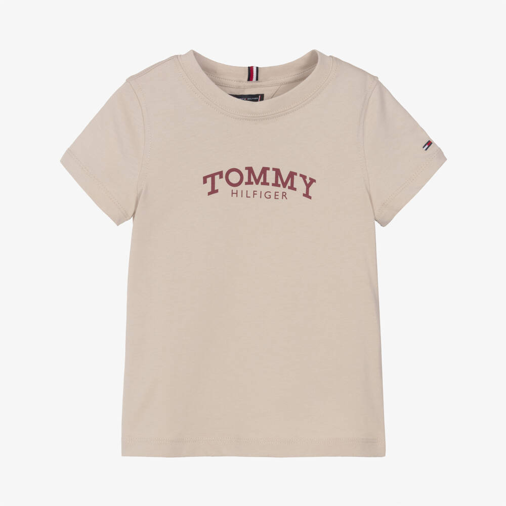 Tommy Hilfiger-Boys Beige Cotton T-Shirt with Monotype Logo Print | Childrensalon Outlet
