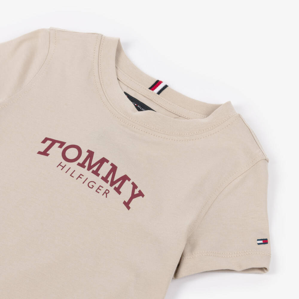 Tommy Hilfiger-Boys Beige Cotton T-Shirt with Monotype Logo Print | Childrensalon Outlet