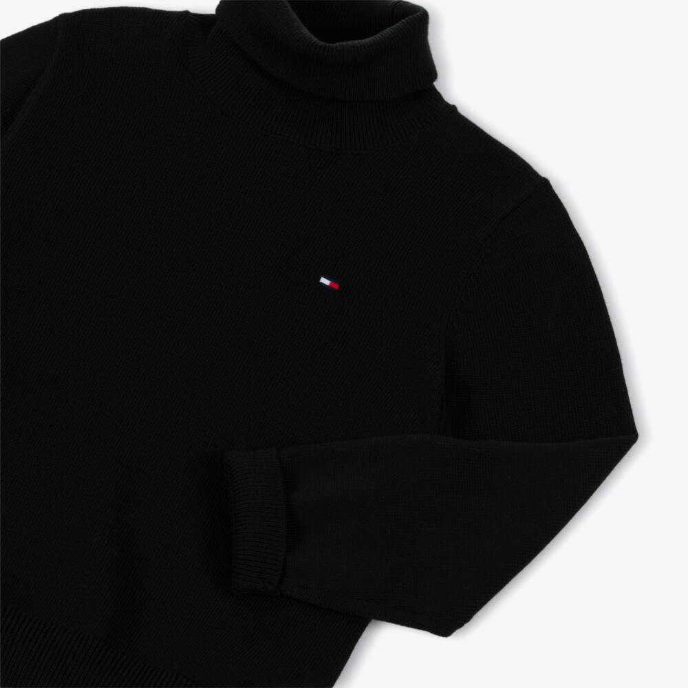 Tommy Hilfiger-Boys Black Knitted Cotton Roll Neck Sweater with Flag Logo | Childrensalon Outlet