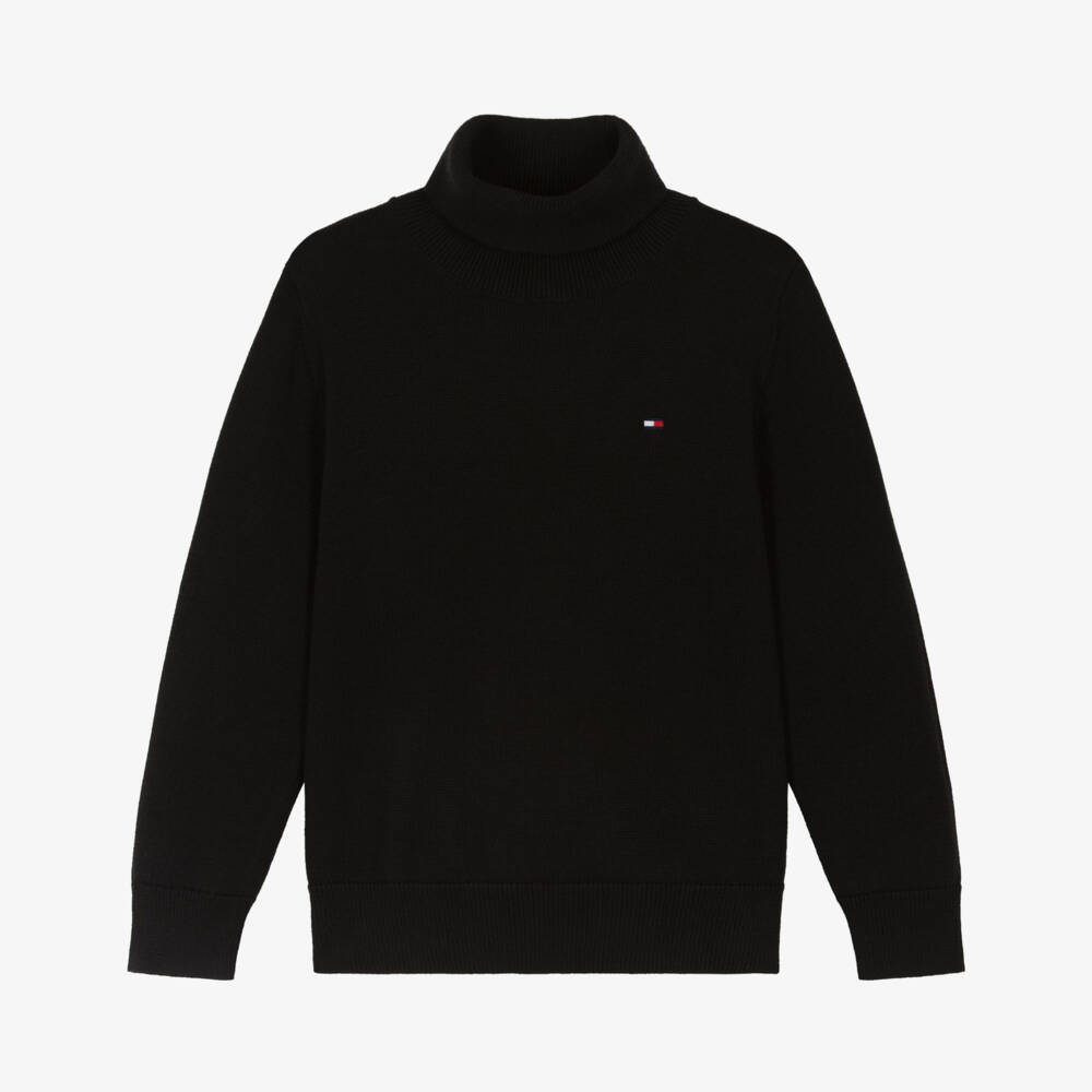 Tommy Hilfiger-Boys Black Knitted Cotton Roll Neck Sweater with Flag Logo | Childrensalon Outlet