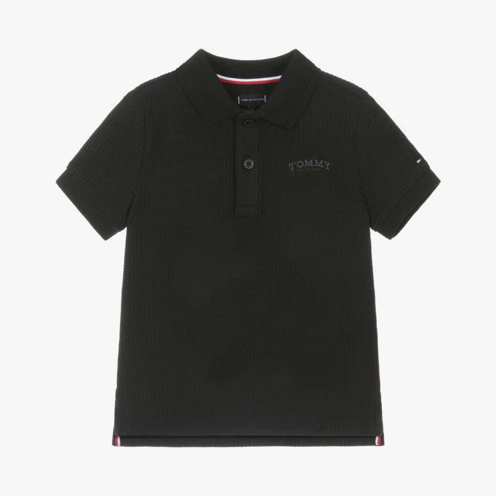 Tommy Hilfiger-Boys Black Waffle Texture Polo Shirt | Childrensalon Outlet
