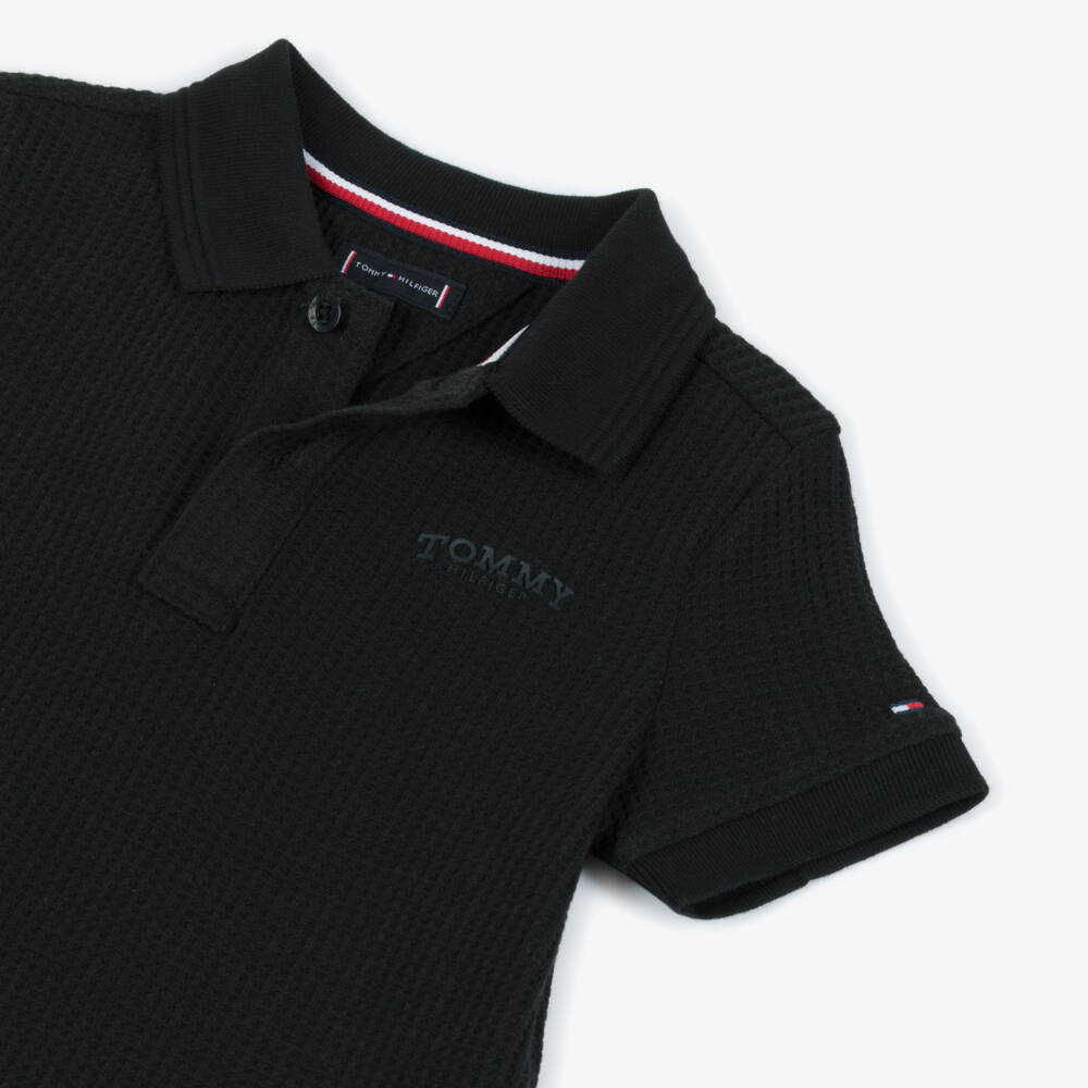 Tommy Hilfiger-Boys Black Waffle Texture Polo Shirt | Childrensalon Outlet