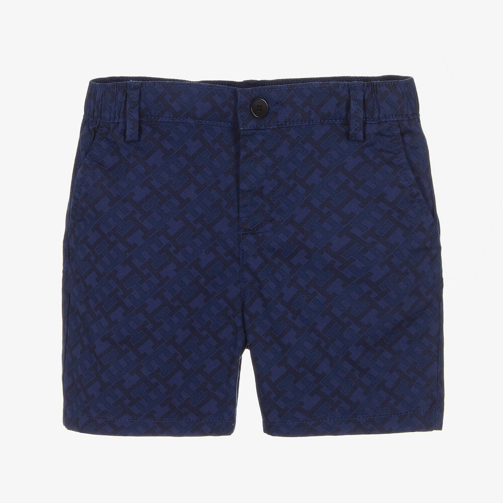 Tommy Hilfiger - Boys Blue Cotton Monogram Shorts | Childrensalon