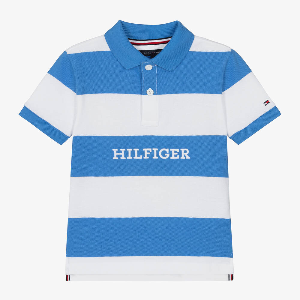 Boys Blue Cotton Striped Polo Shirt
