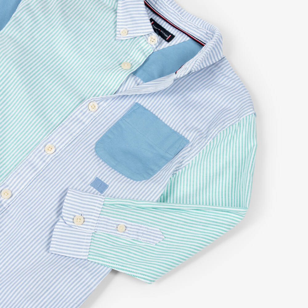 Tommy Hilfiger-Boys Blue & Green Stripe Cotton Colourblock Shirt | Childrensalon Outlet