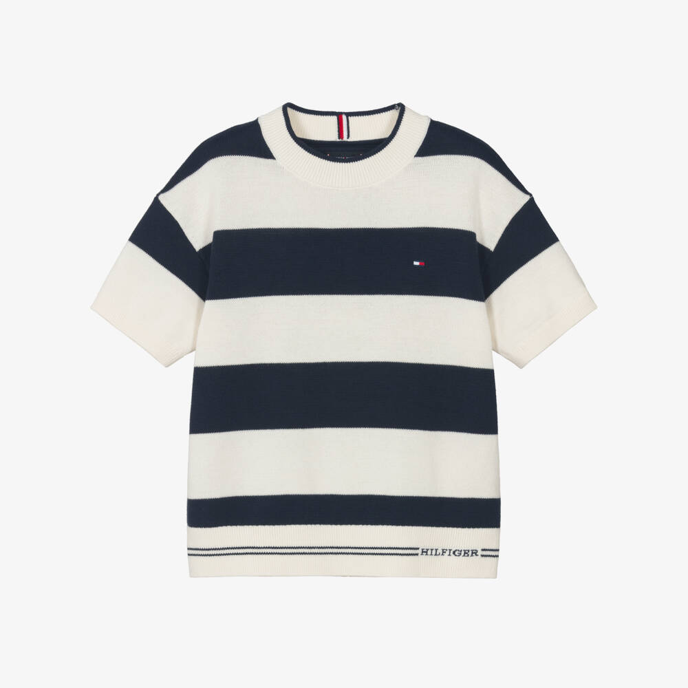 Tommy Hilfiger-Boys Blue & Ivory Rugby Striped Cotton Knit Sweater | Childrensalon Outlet