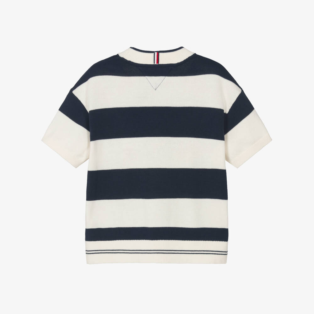 Tommy Hilfiger-Boys Blue & Ivory Rugby Striped Cotton Knit Sweater | Childrensalon Outlet