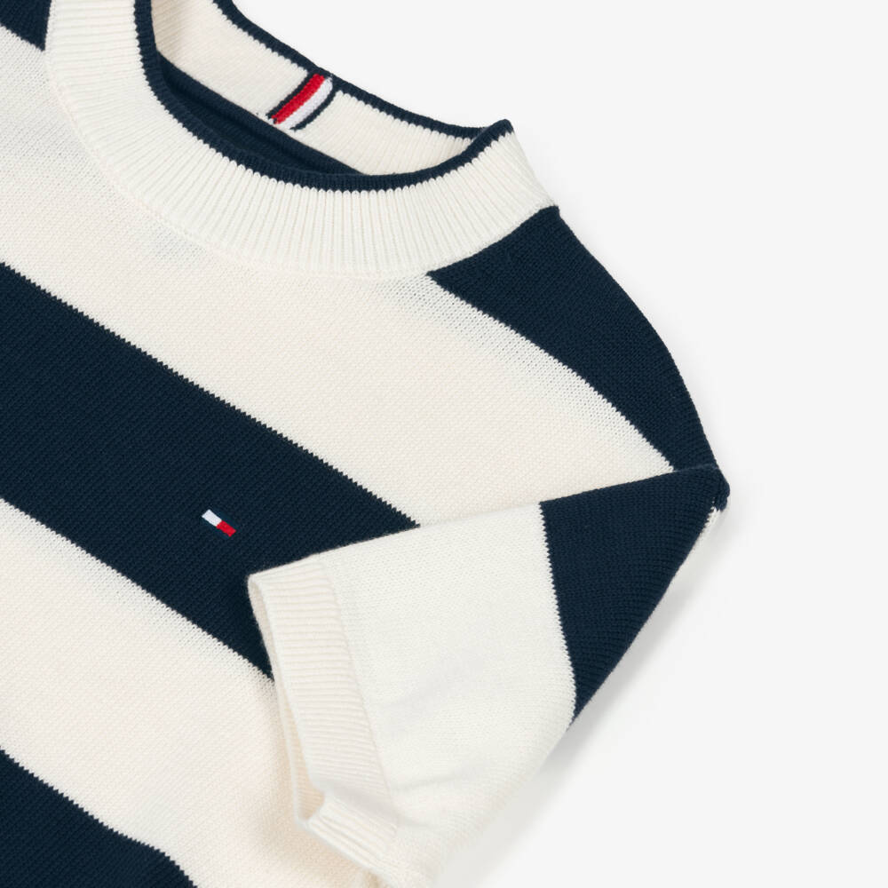 Tommy Hilfiger-Boys Blue & Ivory Rugby Striped Cotton Knit Sweater | Childrensalon Outlet