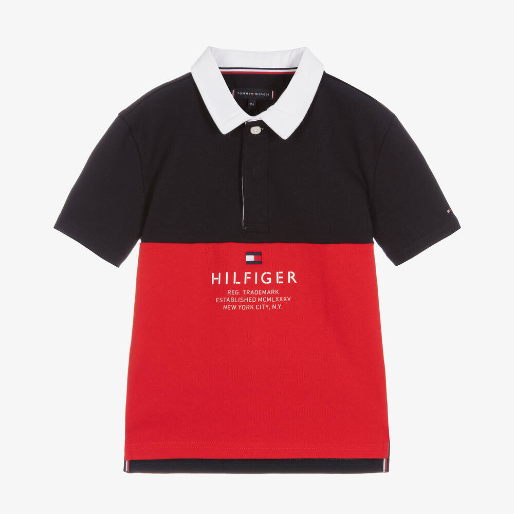 Tommy Hilfiger - Boys Blue & Red Cotton Logo T-Shirt | Childrensalon