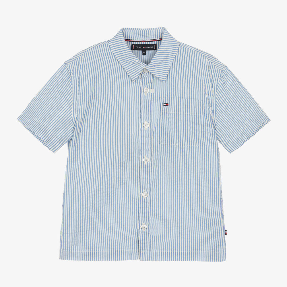 Tommy Hilfiger-قميص قطن سيرسوكر مقلم لون أزرق وأبيض للأولاد | Childrensalon Outlet