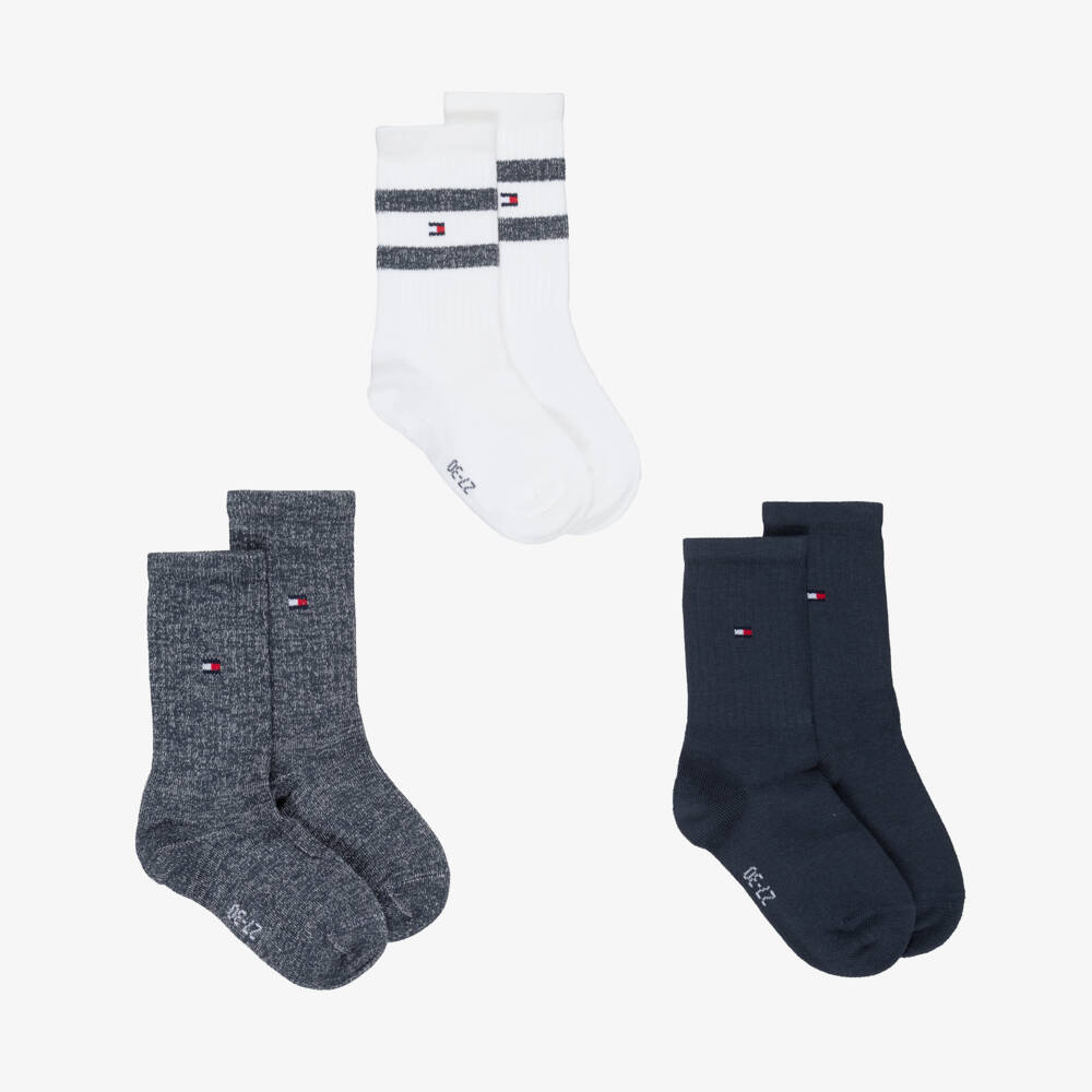 Tommy Hilfiger-Boys Blue & White Cotton Ankle Socks (3 Pack) | Childrensalon Outlet