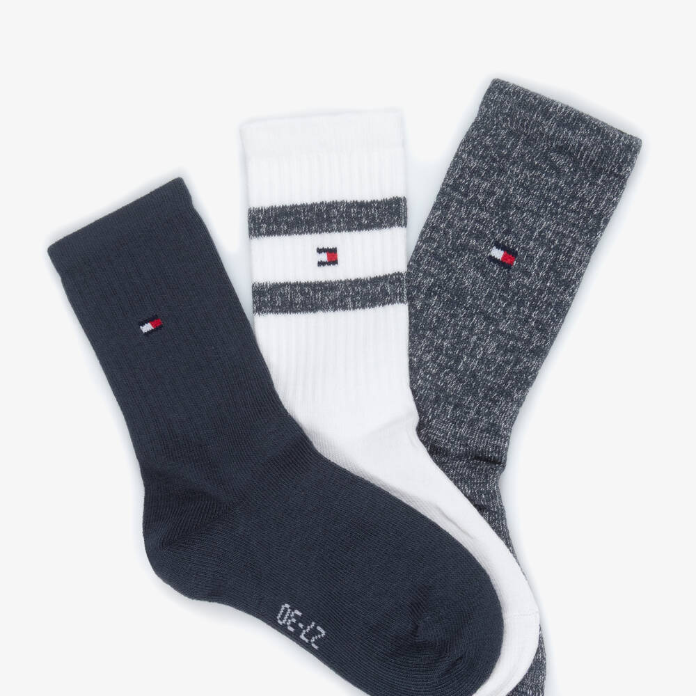 Tommy Hilfiger-Boys Blue & White Cotton Ankle Socks (3 Pack) | Childrensalon Outlet