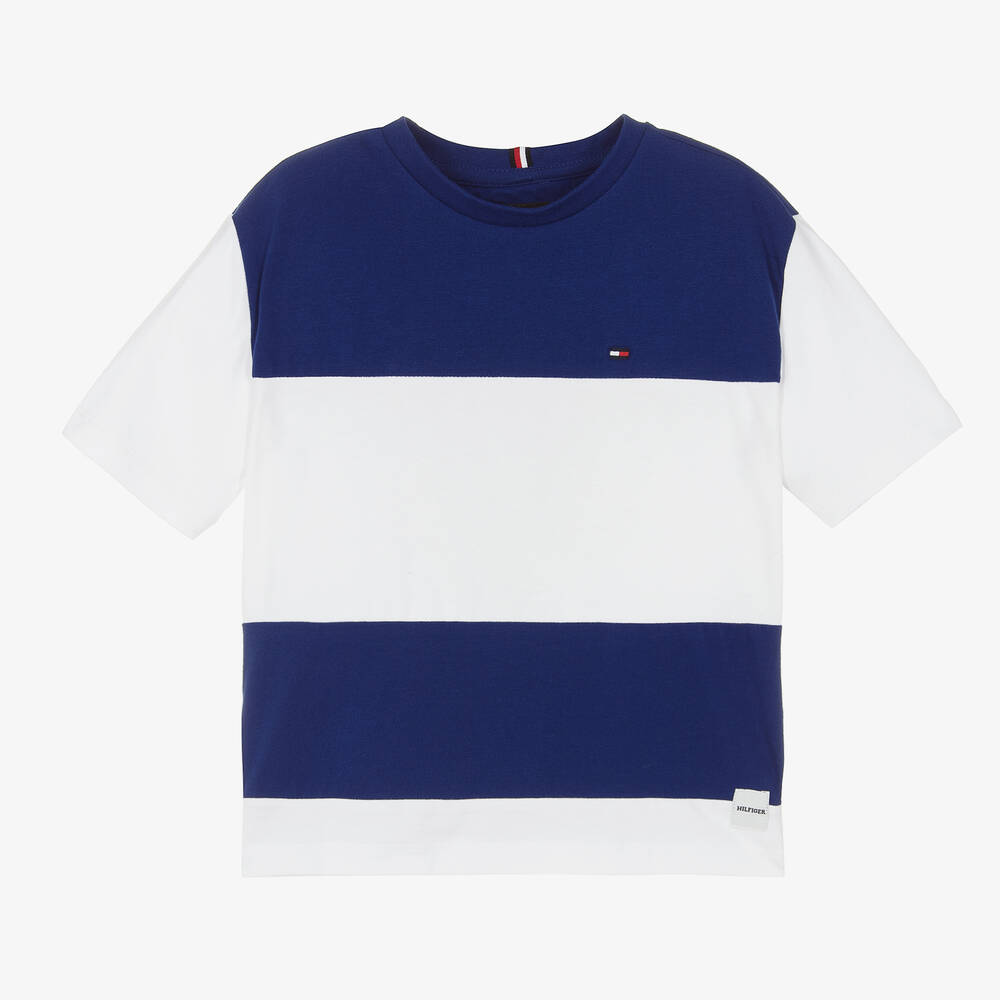 Tommy Hilfiger - Boys Blue & White Stripe Cotton T-Shirt | Childrensalon