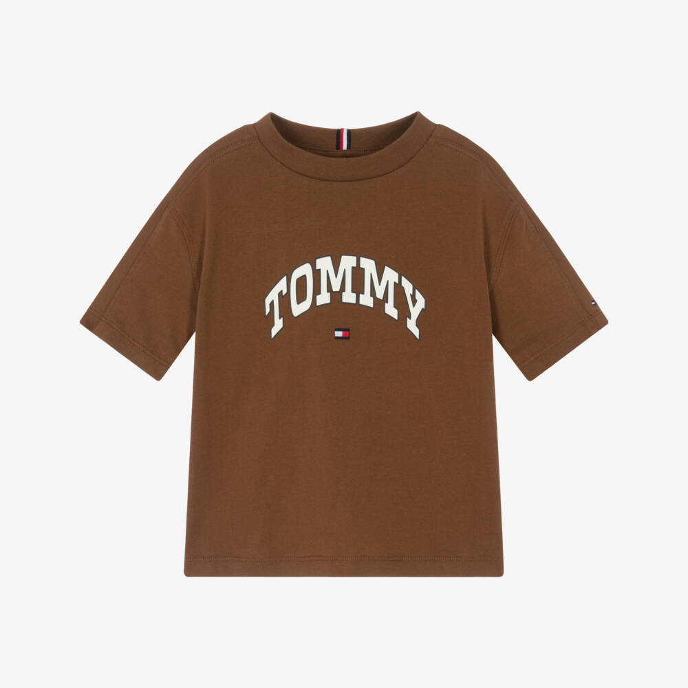 Tommy Hilfiger-Boys Brown Cotton T-Shirt with Varsity Logo | Childrensalon Outlet