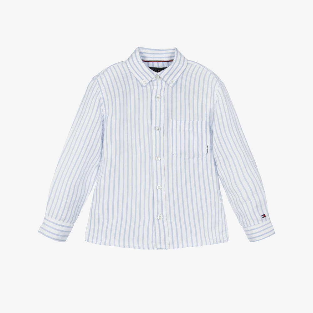 Tommy Hilfiger-Классическая полосатая льняная рубашка синего цвета для мальчиков | Childrensalon Outlet