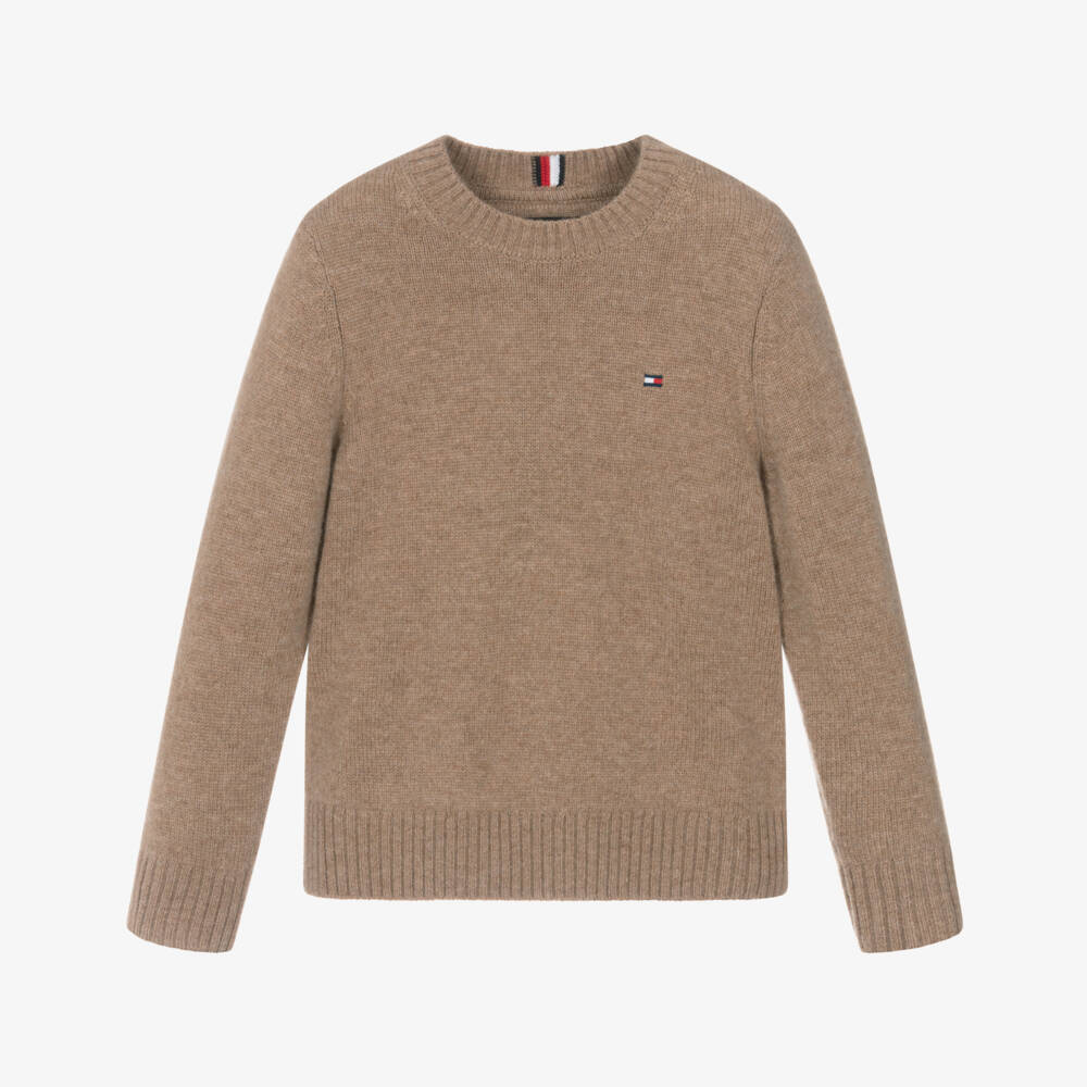 Tommy Hilfiger-Boys Dark Beige Wool Knit Sweater | Childrensalon Outlet
