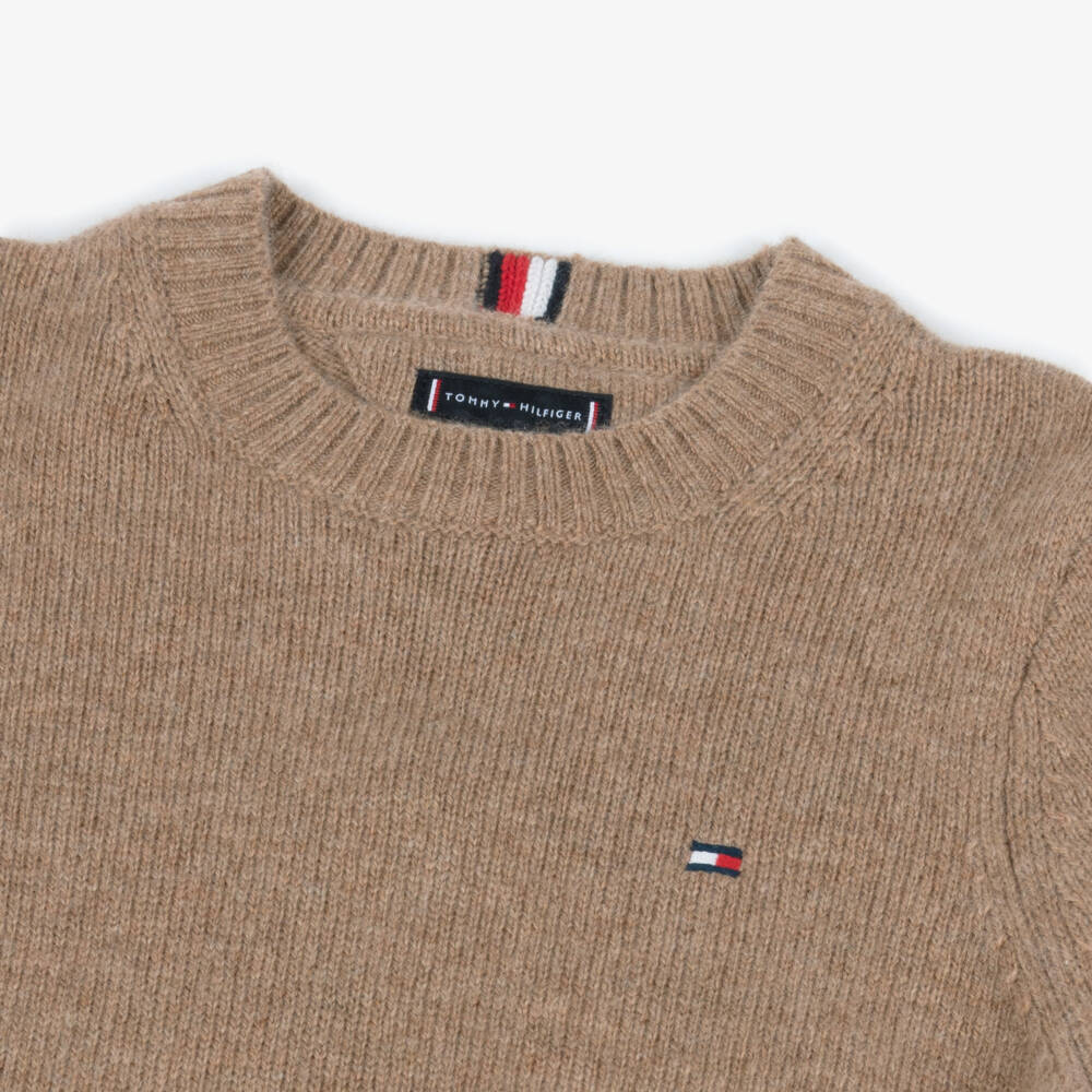 Tommy Hilfiger-Boys Dark Beige Wool Knit Sweater | Childrensalon Outlet