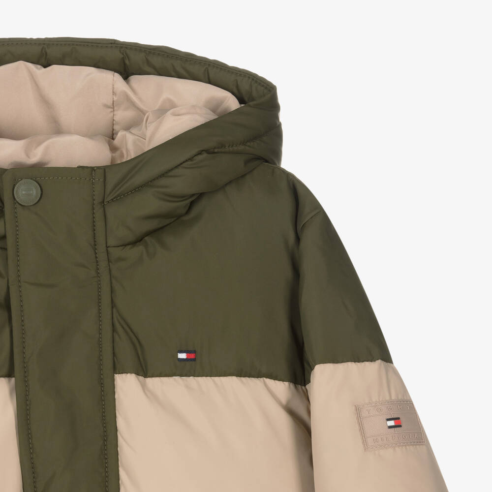 Tommy Hilfiger-جاكيت بافر مبطن لون أخضر كاكي وبيج للأولاد | Childrensalon Outlet