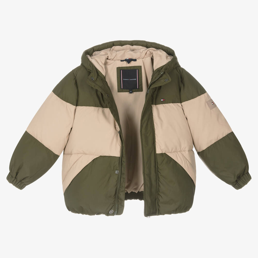 Tommy Hilfiger-جاكيت بافر مبطن لون أخضر كاكي وبيج للأولاد | Childrensalon Outlet