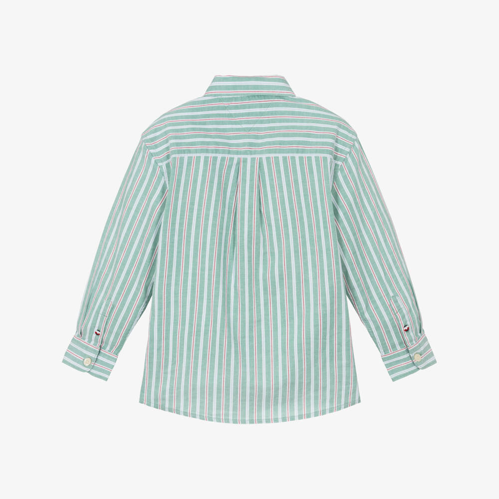 Tommy Hilfiger-Boys Green Cotton Striped Shirt with Flag Logo | Childrensalon Outlet