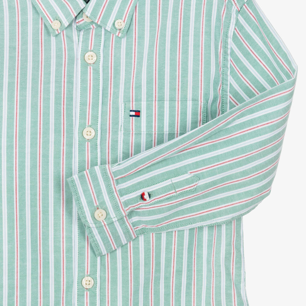 Tommy Hilfiger-Boys Green Cotton Striped Shirt with Flag Logo | Childrensalon Outlet