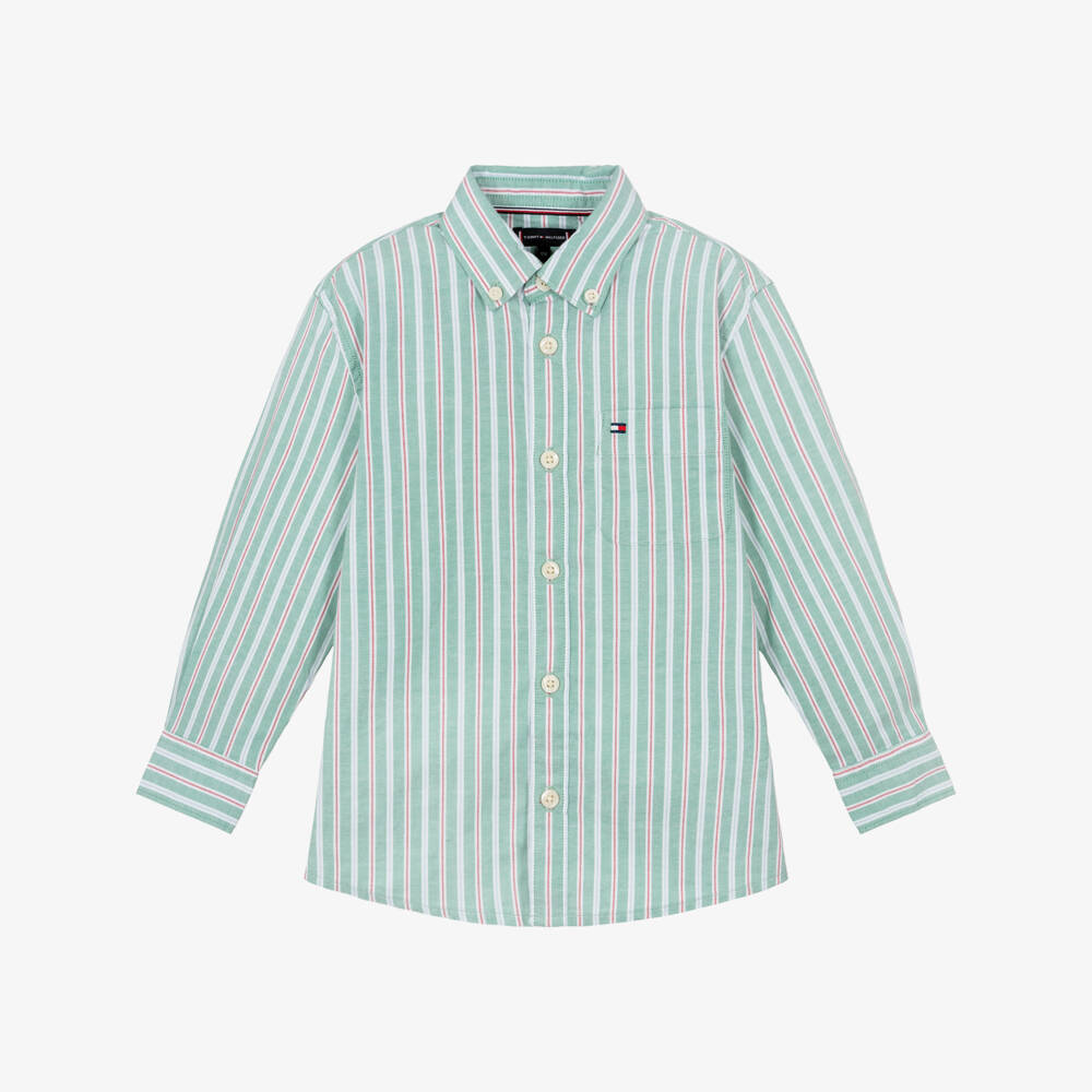 Tommy Hilfiger-Boys Green Cotton Striped Shirt with Flag Logo | Childrensalon Outlet