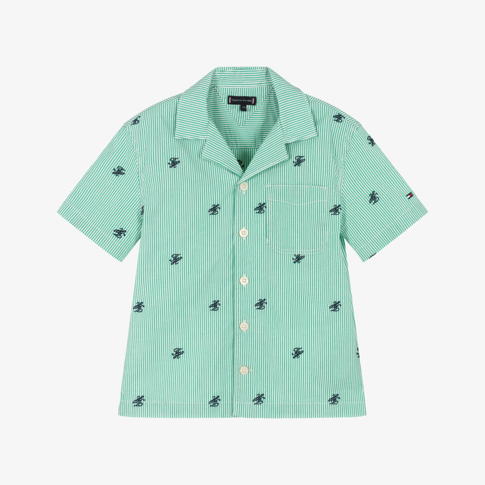 Tommy Hilfiger-Boys Green Ithaca Stripe Poplin Shirt | Childrensalon Outlet