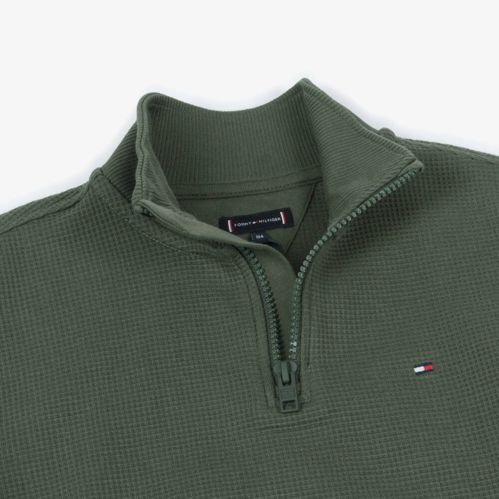 Tommy Hilfiger-Boys Green Waffle-Knit Cotton Sweatshirt with Quarter Zip | Childrensalon Outlet