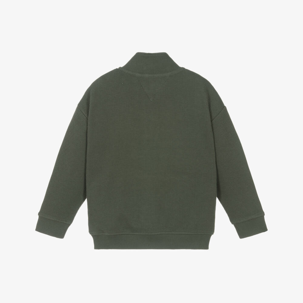 Tommy Hilfiger-Boys Green Waffle-Knit Cotton Sweatshirt with Quarter Zip | Childrensalon Outlet