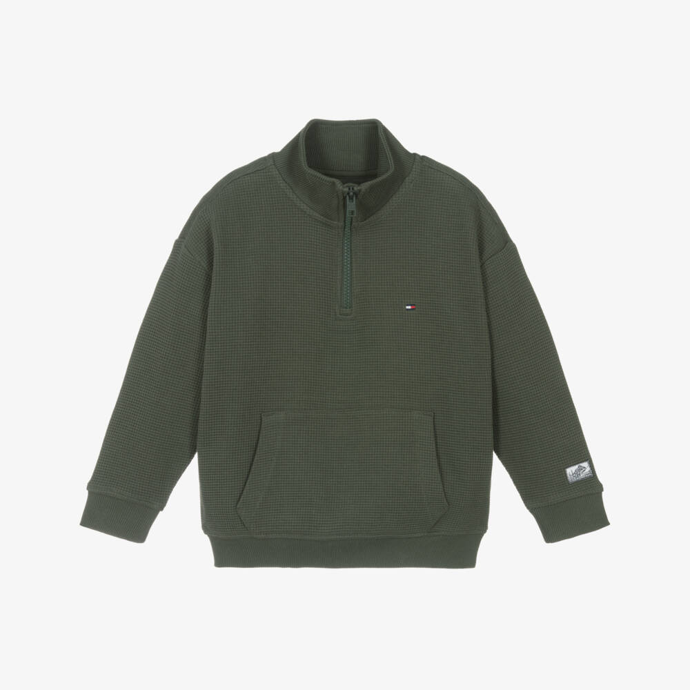 Tommy Hilfiger-Boys Green Waffle-Knit Cotton Sweatshirt with Quarter Zip | Childrensalon Outlet