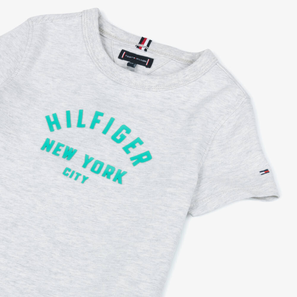 Tommy Hilfiger-Boys Grey Cotton T-Shirt with Green Curve Logo | Childrensalon Outlet